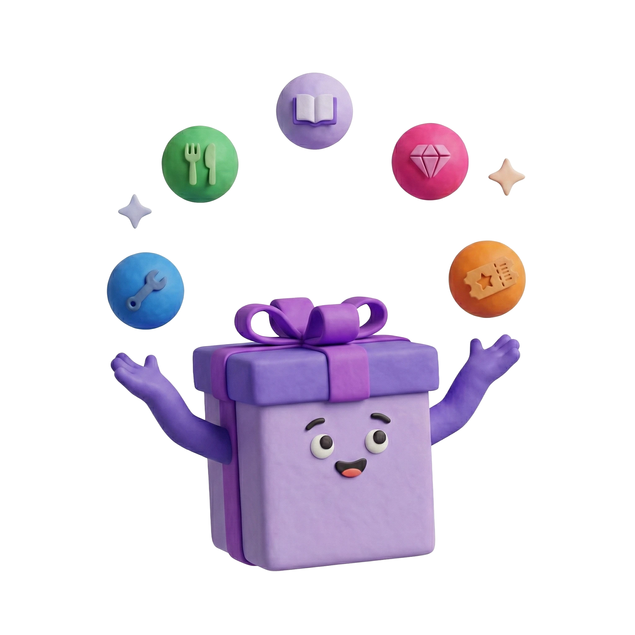 Bow, the GiftyWow mascot juggling gift ideas