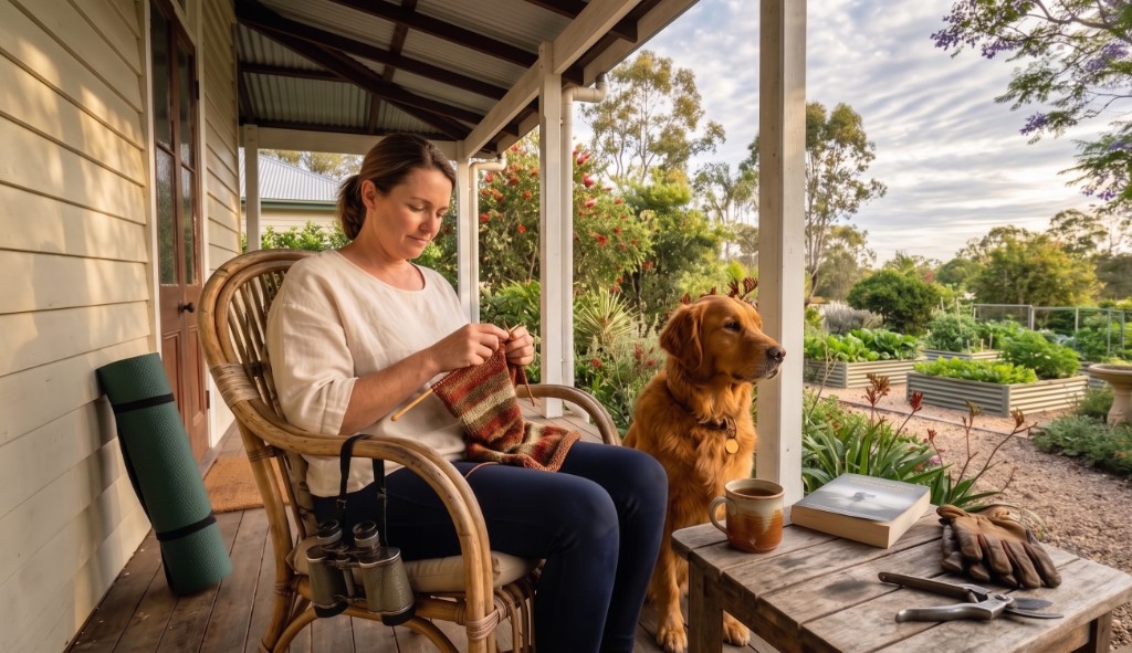 Kate on a porch in a linen top, knitting beside her golden retriever, with gardening tools and a yoga mat nearby.