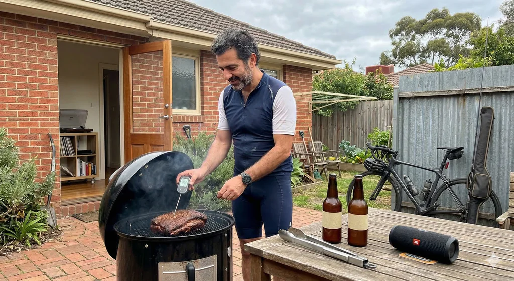 Nico in cycling kit, smiling as he checks meat on an outdoor charcoal smoker.