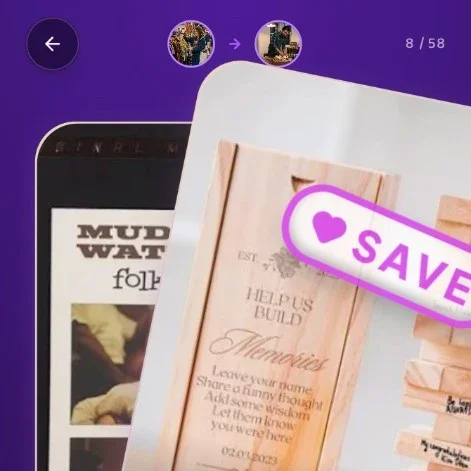 GiftyWow app swipe screen showing a personalised gift card with Save sticker, product image, and vibe tags