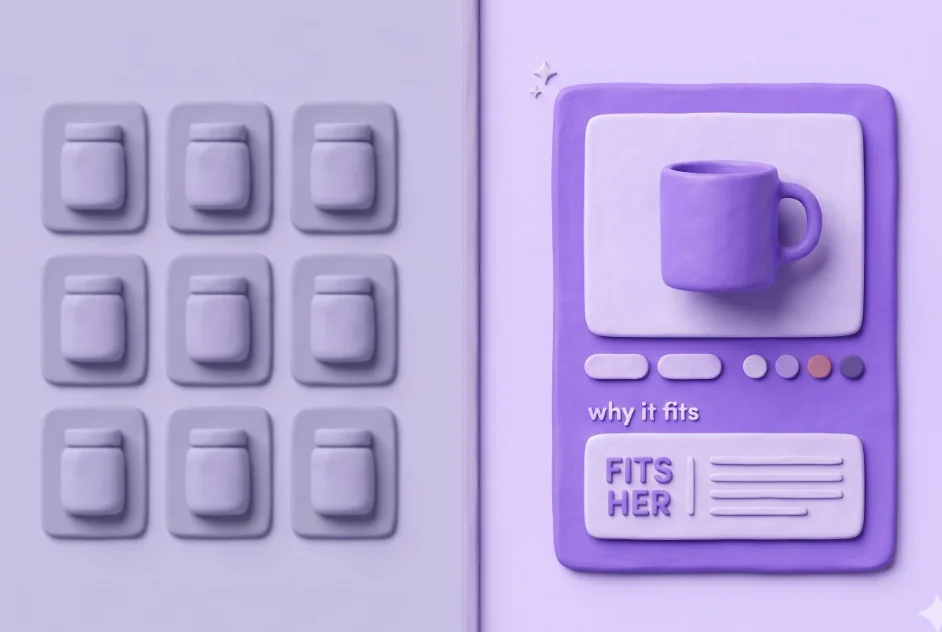 Electric clay comparison of a generic gift listicle grid versus a personalised GiftyWow match card with vibe tags