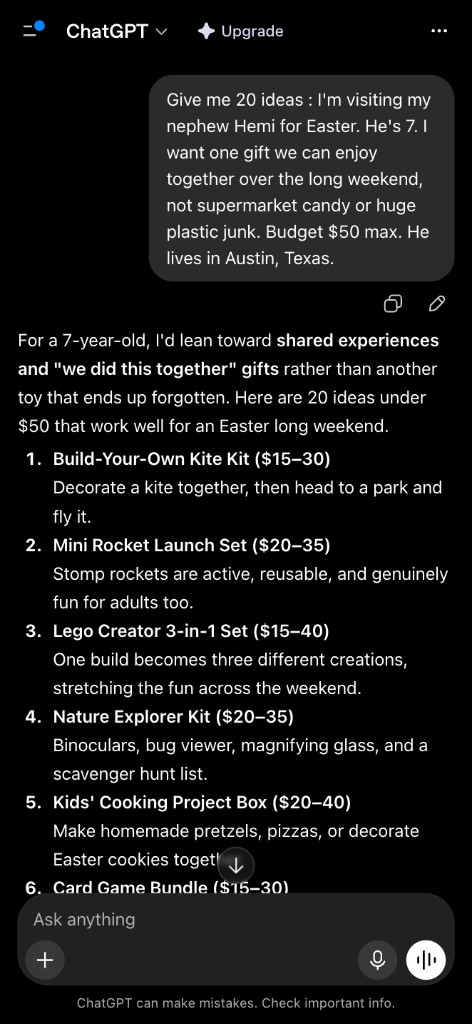 ChatGPT mobile chat showing the Hemi Easter gift brief and a numbered list of shared-experience gift ideas with price ranges.