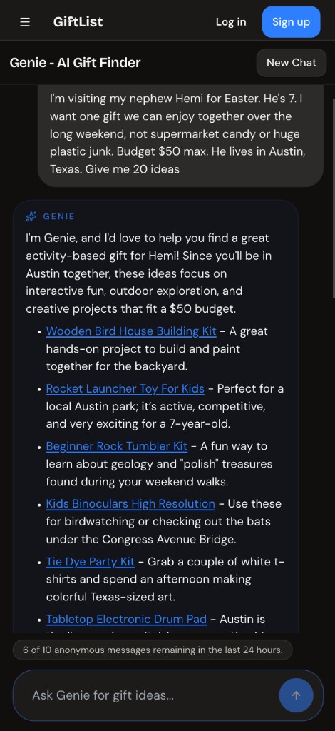 GiftList Genie chat interface with the Hemi Easter brief and bulleted product-linked gift suggestions including a wooden birdhouse kit and Austin-specific picks.