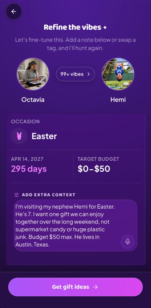 GiftyWow Refine the vibes screen with Mia and Hemi profile photos, Easter occasion, $0–$50 budget, and the Hemi Easter test brief in the extra context field.