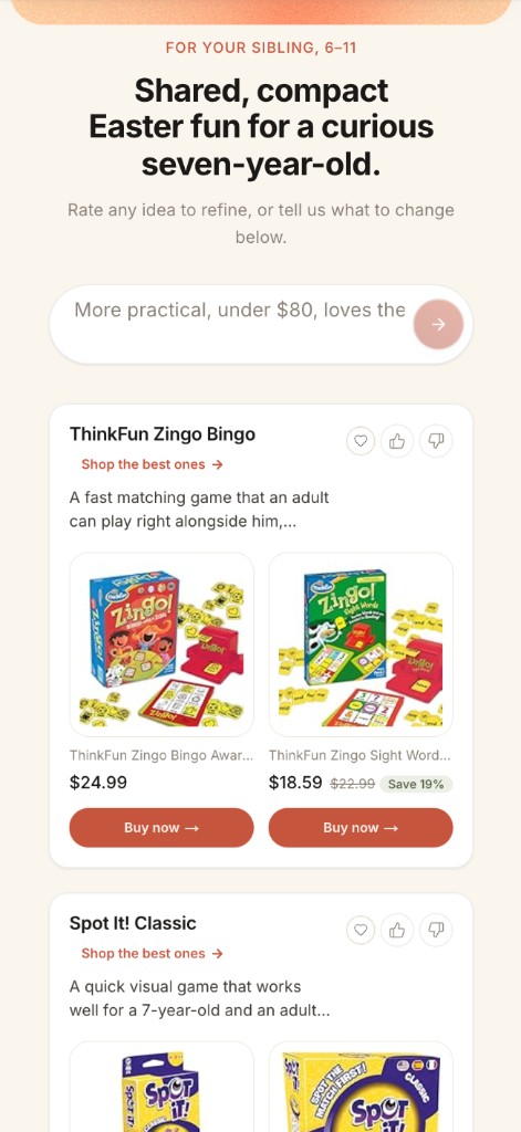 The Gift Tool results page for a seven-year-old nephew at Easter, showing shoppable cards such as ThinkFun Zingo Bingo with prices and Buy now buttons.
