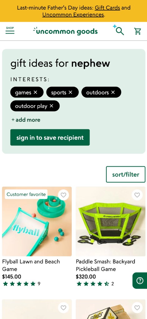 Uncommon Goods gift ideas for nephew page with interest tags for games, sports, and outdoors, showing products like a Flyball lawn game and Paddle Smash pickleball set.