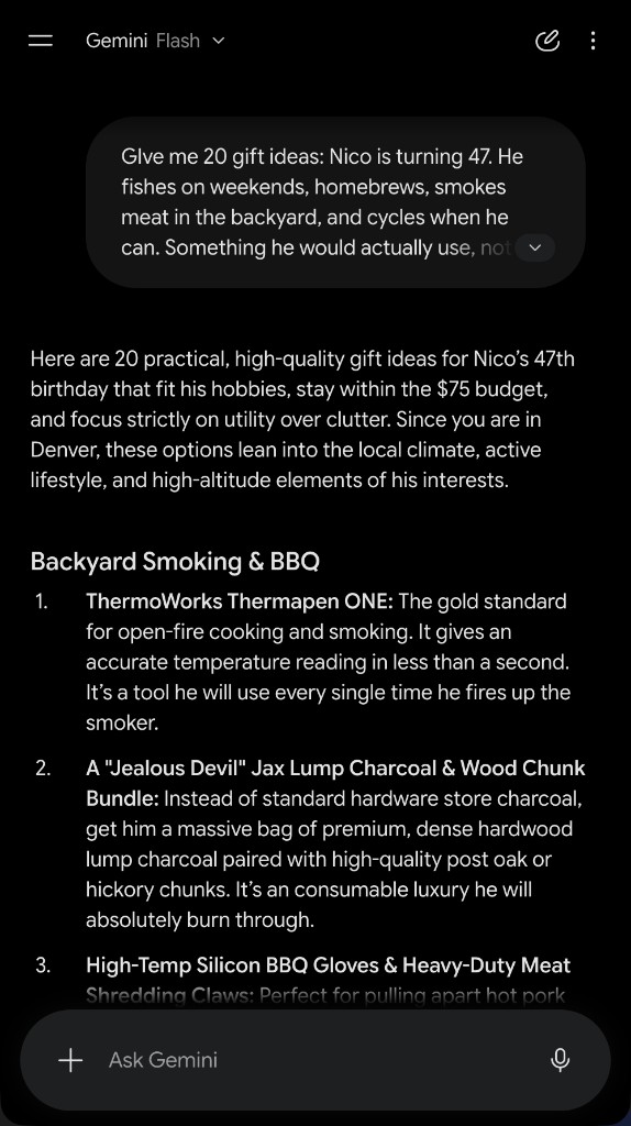 Gemini Flash mobile chat with the Nico 47th birthday gift brief and a categorized numbered list of practical hobby gifts including a ThermoWorks thermometer and BBQ smoking picks.