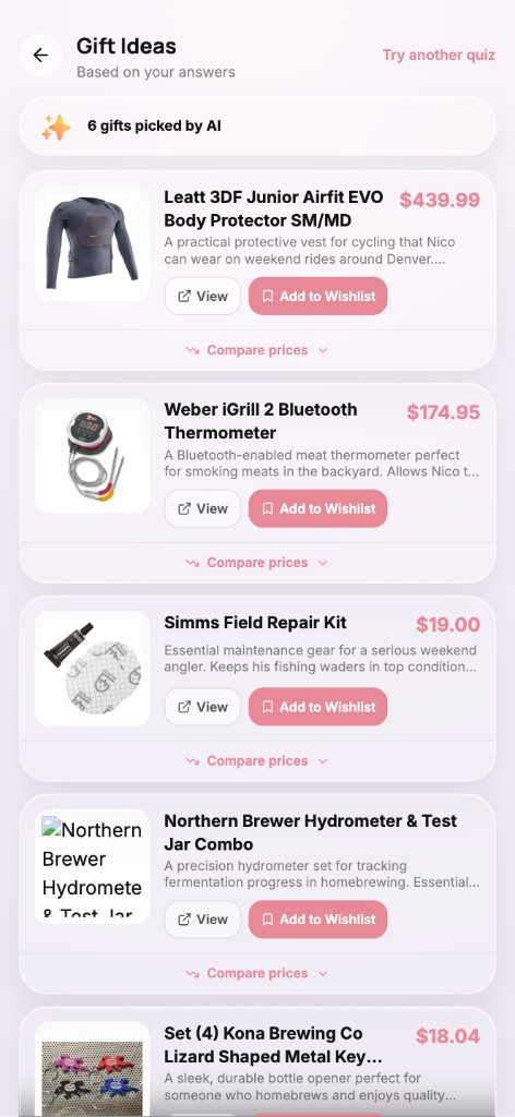 GiftX Gift Ideas results screen showing six AI-picked shoppable products for Nico including a cycling body protector, Bluetooth meat thermometer, and homebrew hydrometer with prices and wishlist buttons.