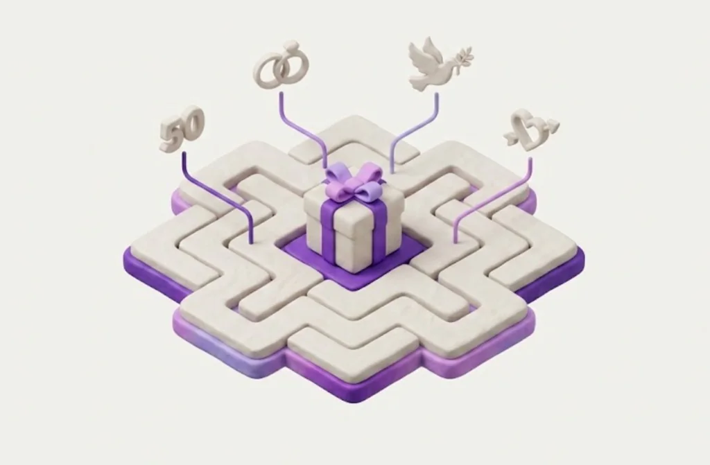 3D clay illustration of a wrapped gift at the center of a purple and cream maze, with floating icons for weddings, anniversaries, and romance