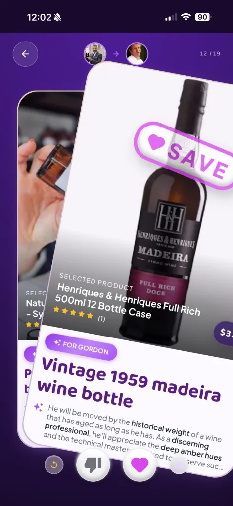 GiftyWow app: personalized gift match card with product details and reasoning