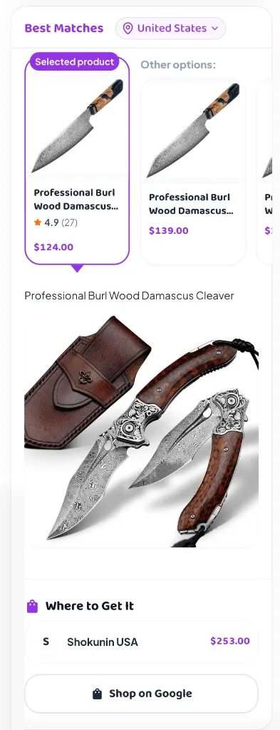GiftyWow app: compare prices, selected product, and where to shop