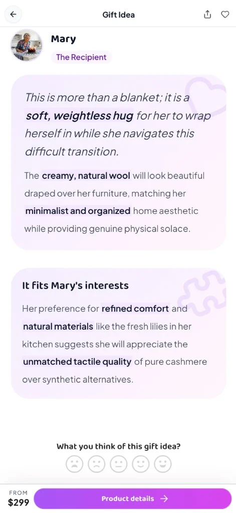 GiftyWow app: gift idea detail explaining why a cashmere throw fits Mary’s refined comfort and home aesthetic for sympathy