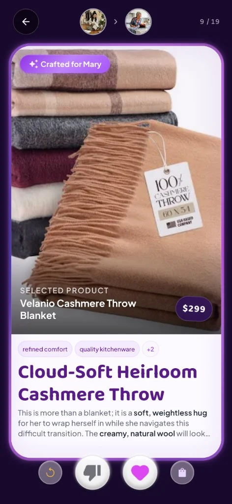 GiftyWow app: personalized sympathy gift card for a cashmere throw blanket crafted for Mary.