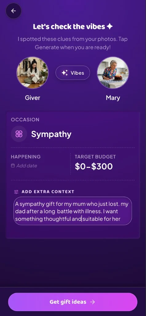 GiftyWow app: Sympathy occasion selected with giver and Mary profiles, budget, and extra context about loss.