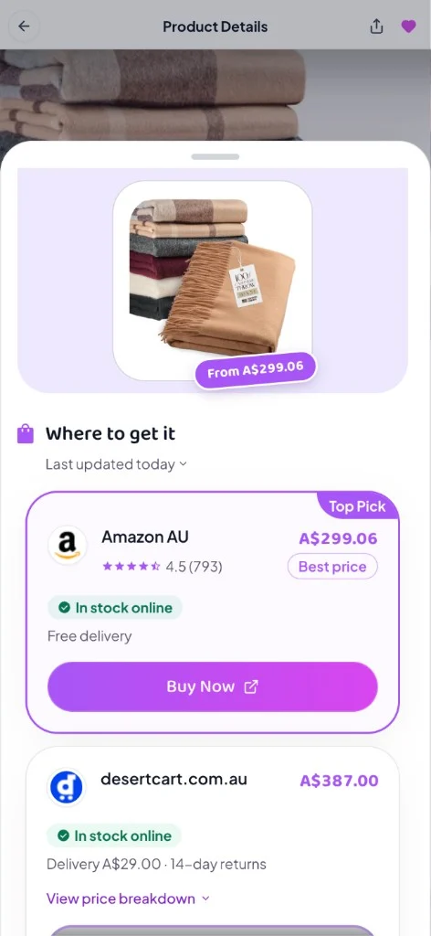 GiftyWow app: where to get a cashmere throw, comparing Amazon AU and other retailers with best price highlighted.