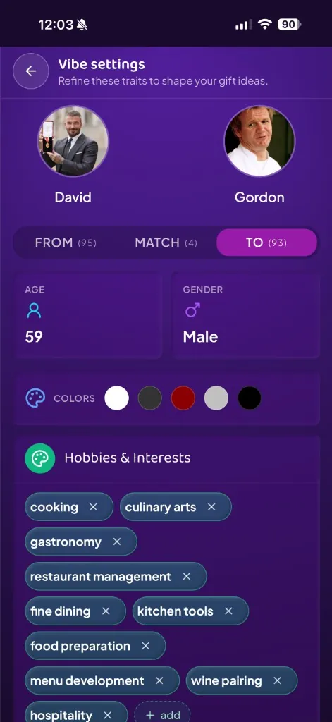 GiftyWow app: vibe and taste profile settings refining gift recommendations