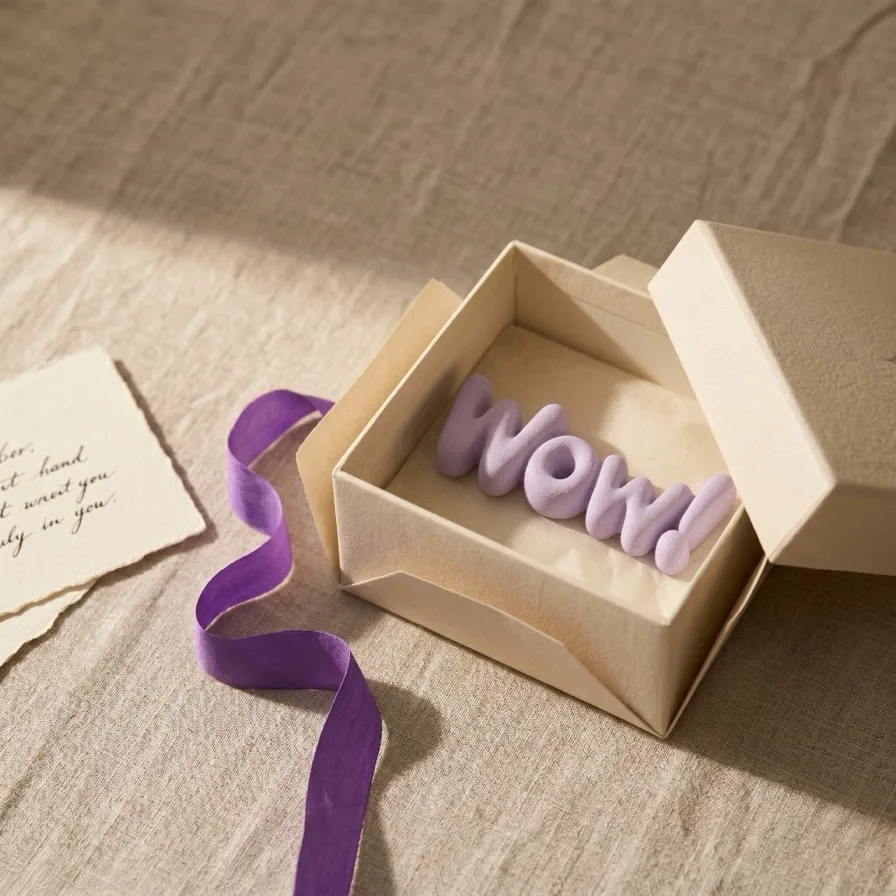 Opened gift box with a lavender wow keepsake and purple ribbon