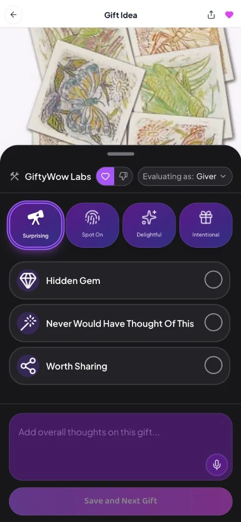 GiftyWow Labs evaluation sheet on a gift idea, showing Wins rubric options like Surprising and Spot On while evaluating as the giver