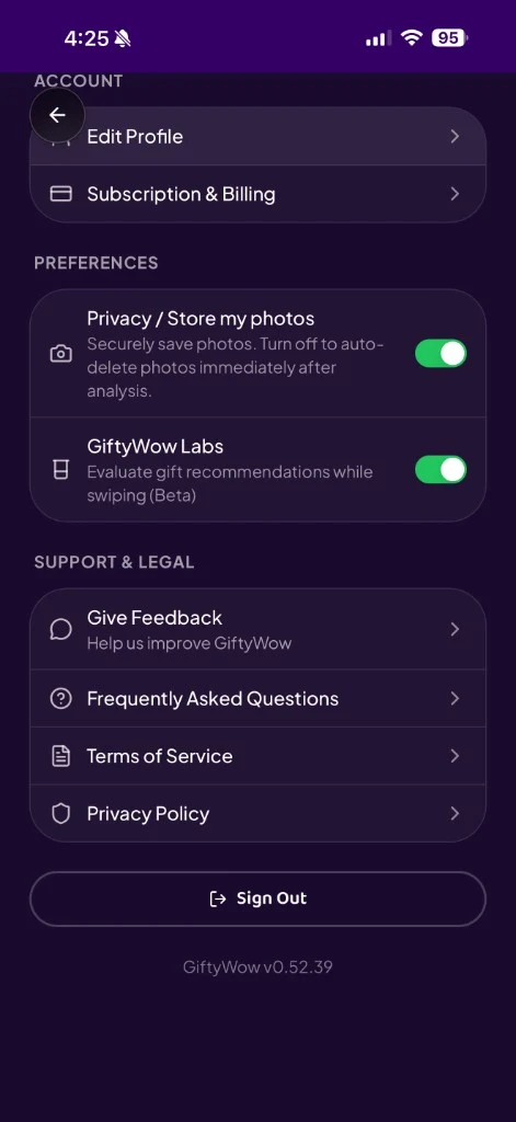 GiftyWow app settings screen with GiftyWow Labs toggle enabled to evaluate gift recommendations while swiping