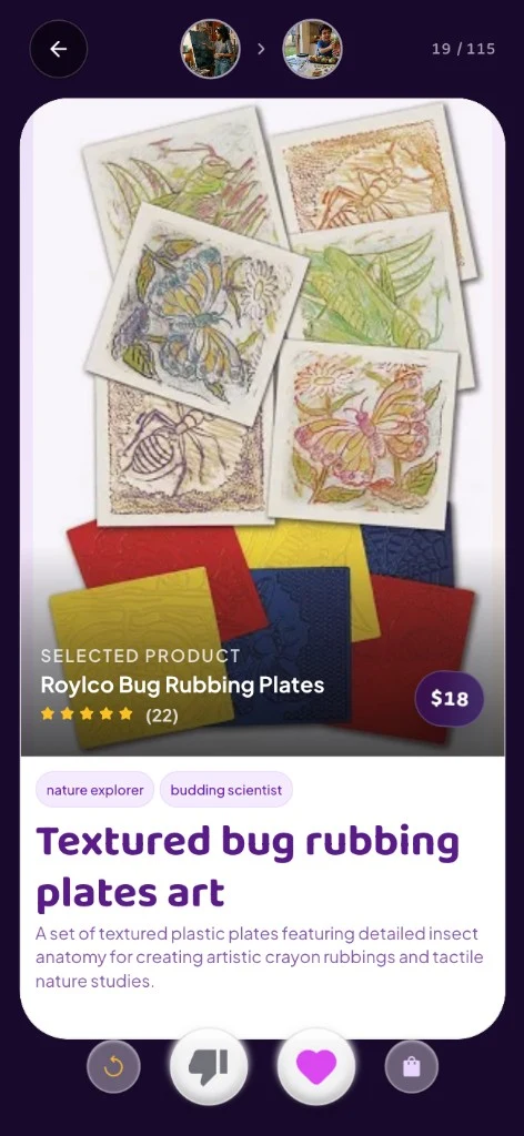 GiftyWow swipe screen showing a textured bug rubbing plates gift idea with nature explorer tags and like or pass actions