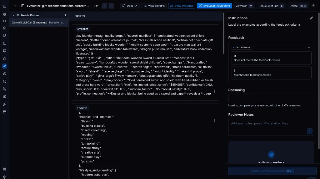 LangSmith evaluator playground for a gift-recommendations correctness run, showing system inputs, human profile data, and a reviewer scoring panel