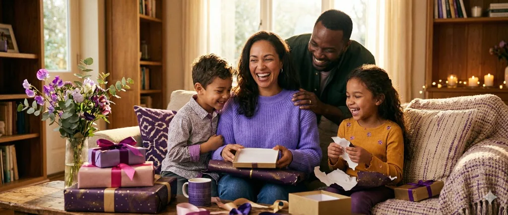 Family gathered in a cozy living room while opening wrapped gifts together