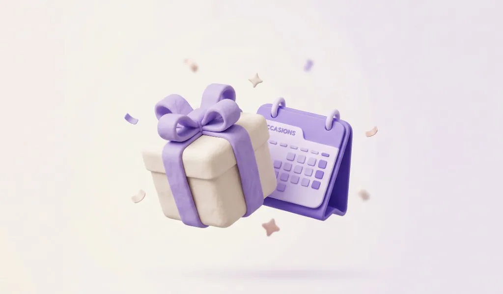 Claymorphic lilac gift box with purple ribbon beside a desk calendar labeled Occasions, with floating stars and confetti — occasion gift guides hub