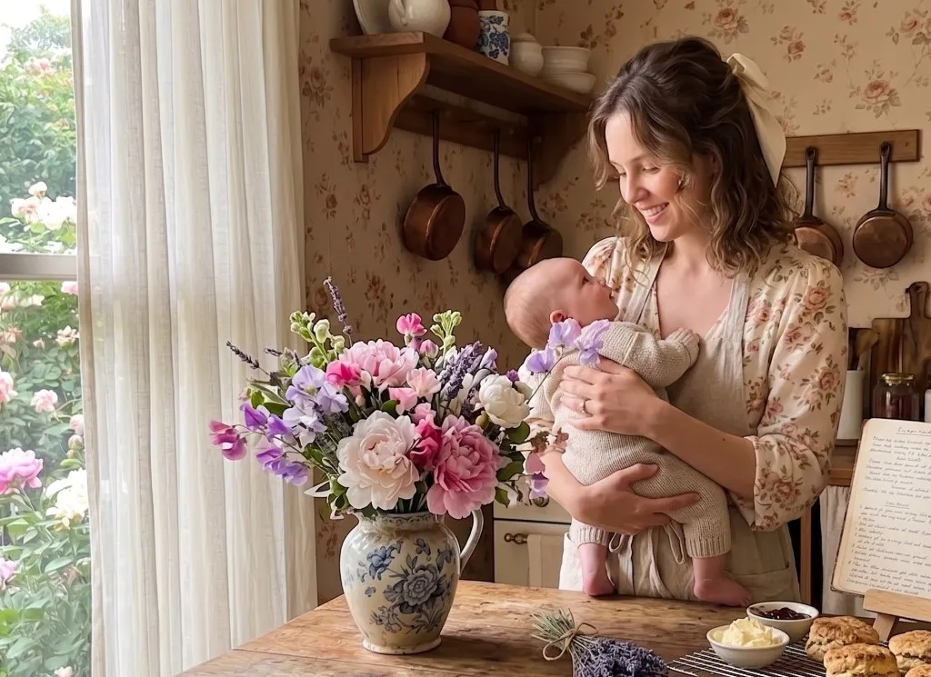 A new mother in a floral blouse and apron cradles her baby in a warm cottage kitchen with copper pans, peonies on the table, and roses visible through the window. First Mother's Day gift ideas (2026)