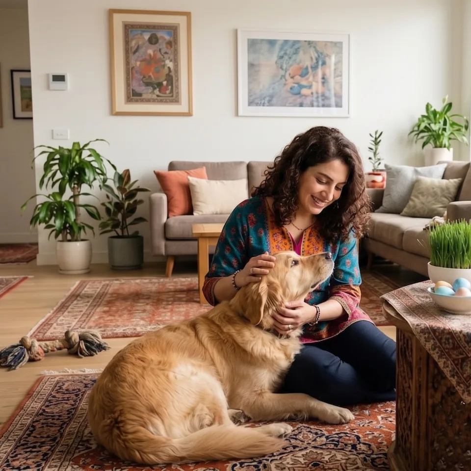 Dara smiles while petting her golden retriever on a patterned rug in a sunlit living room; a Haft-sin table with sprouted wheat and spring accents sits nearby.