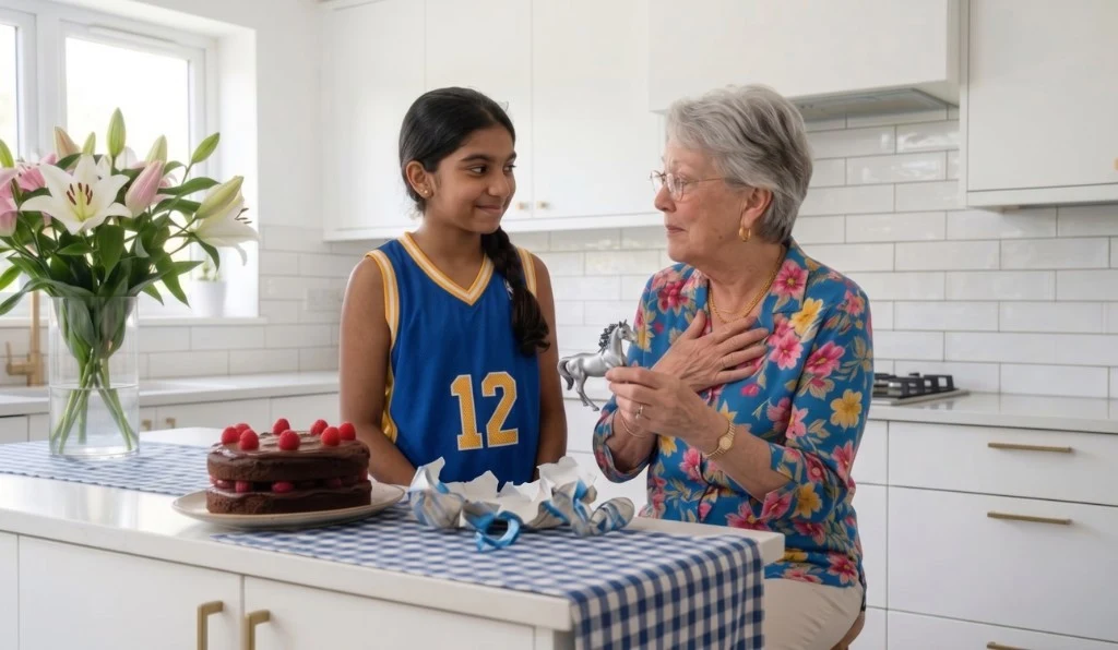 A young girl in a blue basketball jersey smiles at her grandmother as they stand in a bright kitchen; the grandmother holds a small silver horse figurine with one hand over her heart, with a chocolate cake, lilies, and gift wrap on the island—Mother's Day gifts for a grandmother (2026)