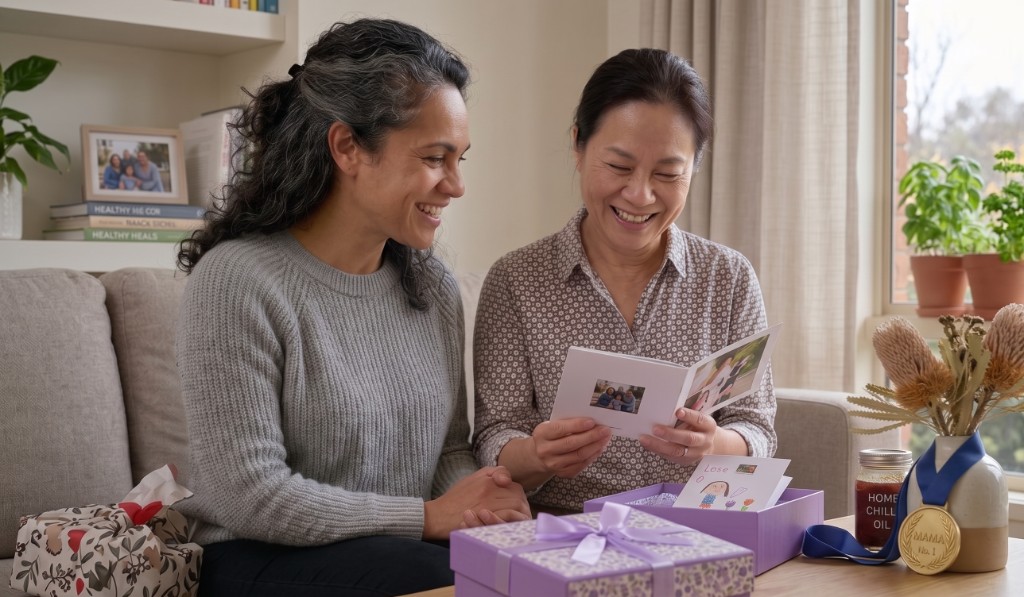 Mia and her mother in law Than share a keepsake album moment in a sunlit living room with gifts and flowers.