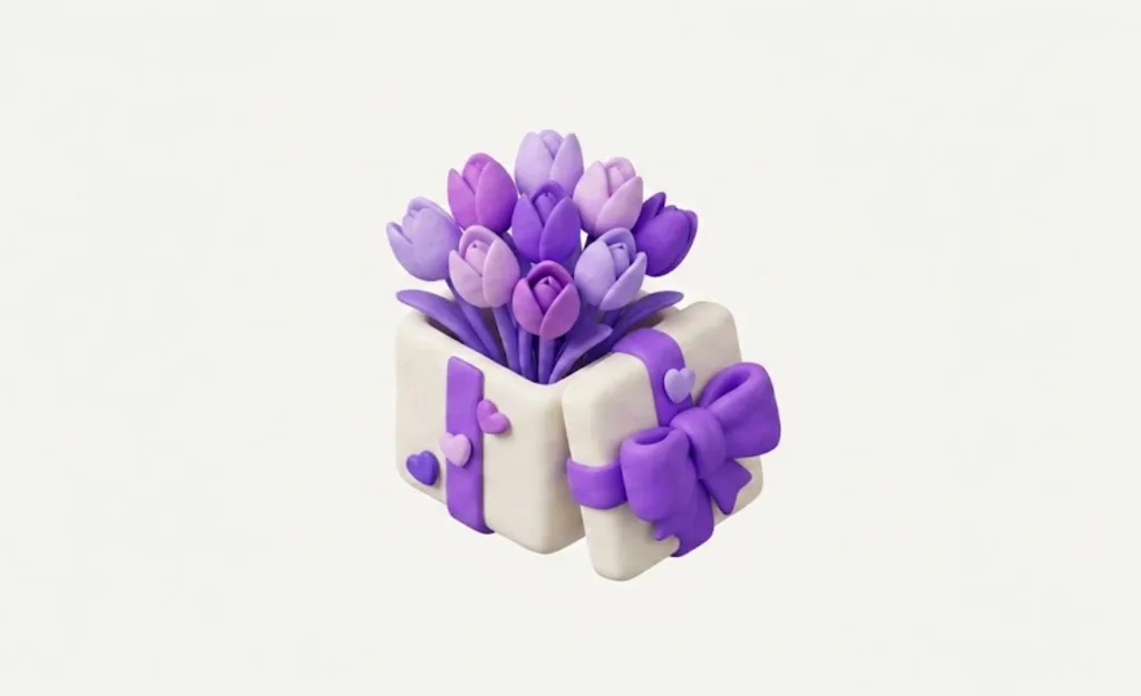 Claymorphic purple tulips in a white gift box with lilac ribbon and hearts, Mother's Day gift ideas hub (2026)
