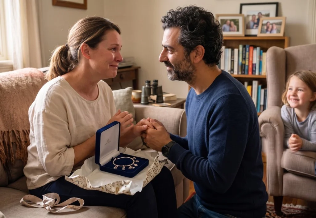 Husband gifting his wife a Mother's Day bracelet while their daughter smiles from the armchair in a cozy living room — Mother's Day gifts for your wife (2026)