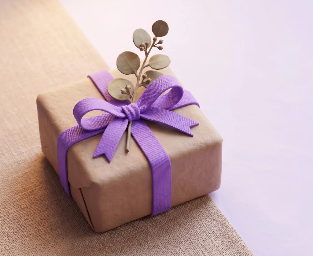 Claymorphic lilac gift box with floating hearts and confetti.