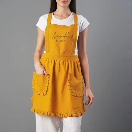 Linen Apron with Embroidered Initials and Botanical Motif — Mother's Day gift for your wife from her husband — shoppable idea